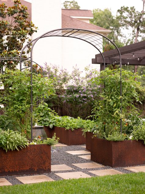 Raised Steel Garden Beds, Modern Raised Beds, Metal Vegetable Garden, Contemporary Vegetable Garden, Corten Steel Raised Garden Beds, Corten Steel Garden Beds, Black Garden Beds, Backyard Focal Point Ideas, Metal Raised Bed Garden