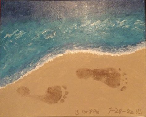 I painted this in acrylics on a 16x20 canvas. These are my 8 year old grandson’s footprints in the sand….keepsake for his momma & daddy. Beach Handprint Art, Footprints In The Sand Painting, Adaline Art, Sand Keepsake, Footprints In The Sand Poem, Sand Pictures, Waves Painting, Ocean Waves Painting, Meeting Ideas