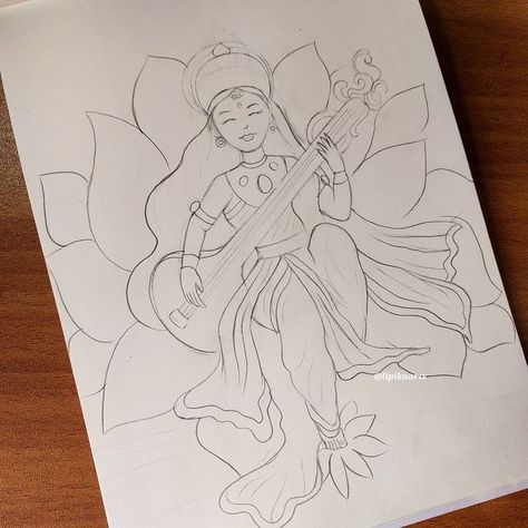 Saraswati Maa Sketch, Saraswati Drawing Art, Sarswati Maa Drawing Easy, Indian God Drawing Easy, Drawing Of God Krishna, Indian Goddess Drawing, Goddess Drawing Pencil, Saraswati Goddess Drawing, Saraswati Drawing Easy