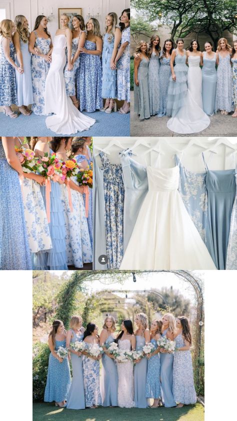 Blue garden party bridesmaid Blue Garden Party, Mismatched Bridesmaid Dresses Blue, Wedding Color Schemes Blue, Bridesmaids Spring, Baby Blue Weddings, Magenta Wedding, Blue White Weddings, Light Blue Wedding, Floral Bridesmaid