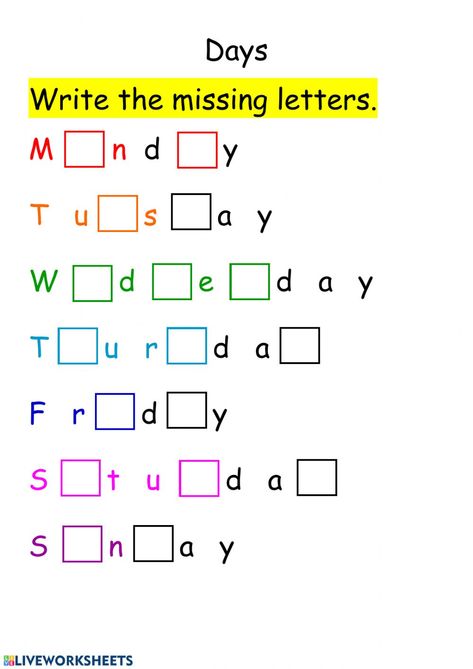 Days online worksheet for Pre-entry literacy. You can do the exercises online or download the worksheet as pdf. English Exam For Grade 1, Missing Letters Worksheet, Materi Bahasa Inggris, Missing Letters, English Grammar For Kids, English Worksheets For Kindergarten, Grammar For Kids, Kindergarten Reading Worksheets, English Activities For Kids