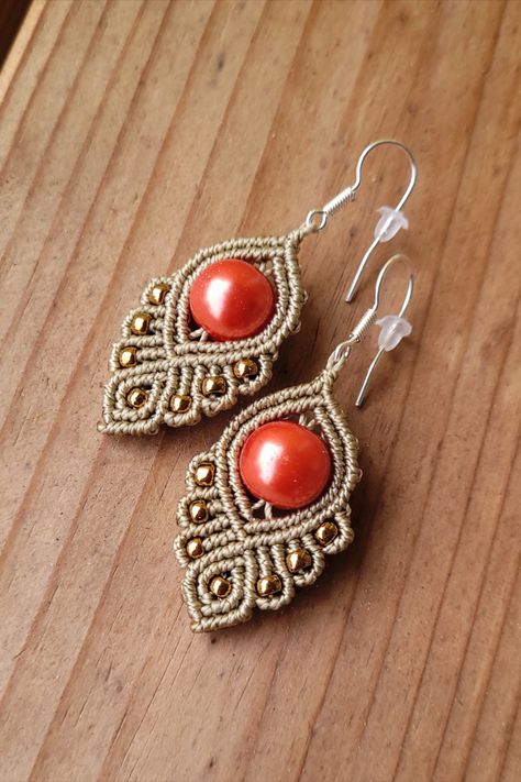 Micro-macrame earrings with big coral pearl and bronze seed beads, khaki color Warm And Cold Colors, Macrame Earrings Tutorial, Diy Macrame Earrings, Cold Colors, Macrame Owl, Macrame Dress, Crochet Earrings Pattern, Fiber Jewelry, Micro Macramé