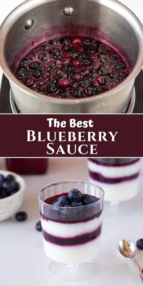 This easy blueberry coulis sauce uses only 3 ingredients and can be made in less than 20 minutes! It’s the perfect sweet topping for ice cream, pancakes, panna cotta and cheesecake! Blueberry Topping For Cheesecake, Easy Panna Cotta Recipe, Blueberry Coulis, Easy Blueberry Desserts, Blueberry Sauce Recipe, Coulis Recipe, Vegan Sauce Recipes, Cream Pancakes, Panna Cotta Recipe