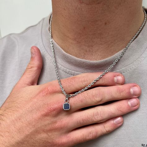 Dude Style, Etsy Jewellery, Minimalist Chain, Mens Silver Jewelry, Necklace Mens, Small Necklace, Mens Necklace, Lapis Lazuli Pendant, Mens Silver Necklace