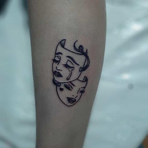 Drama Face Tattoo, Face Tattoo Ideas, Small Face Tattoos, Face Tattoos For Women, Health Tattoo, Scary Tattoos, Mask Tattoo, Stylist Tattoos, Face Tattoos