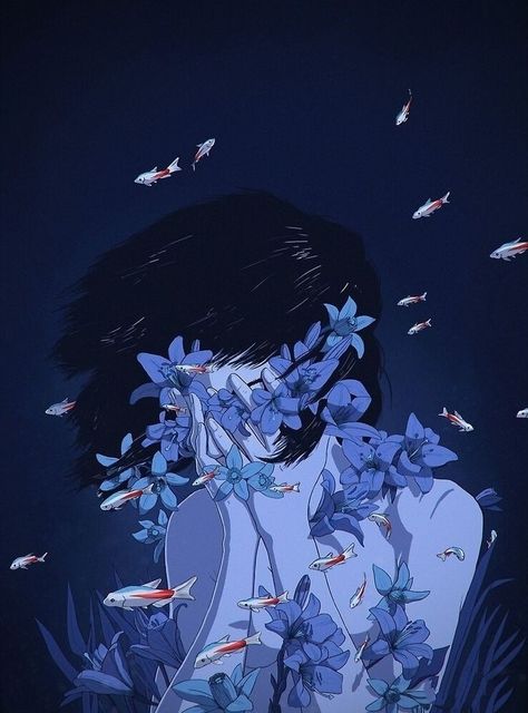 Perfect Blue, In The Dark, Fish, Water, Flowers, Anime, Blue