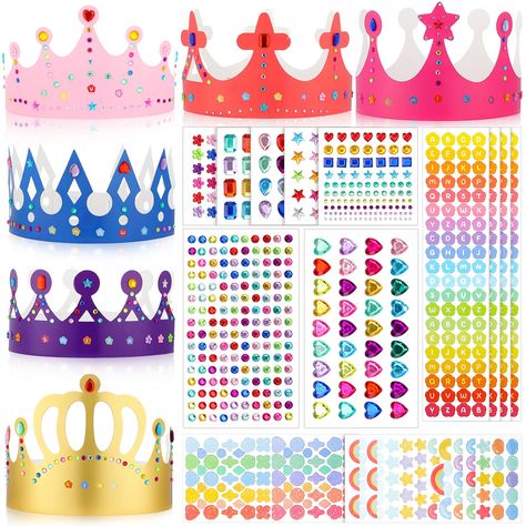 PRICES MAY VARY. Beautiful birthday party set: the package contains 24 pieces of paper crown hats in 6 styles (4 pieces of each style), 8 sheets (571 pieces) of self-adhesive jewelry stickers, and 6 sheets (320 pieces of personalized letters and 128 pieces crown multi-pattern) stickers, enough amounts for you to share with your friends and families Fun DIY crown craft kit: this princess prince paper crown DIY craft kit will help improve the hands-on ability of little boys and little girls, and c Crowns Craft, Diy Classroom Decor, Princess Party Activities, Gem Stickers, Diy Classroom Decorations, Classroom Birthday, Crown Crafts, Princess Sticker, Birthday Party Set