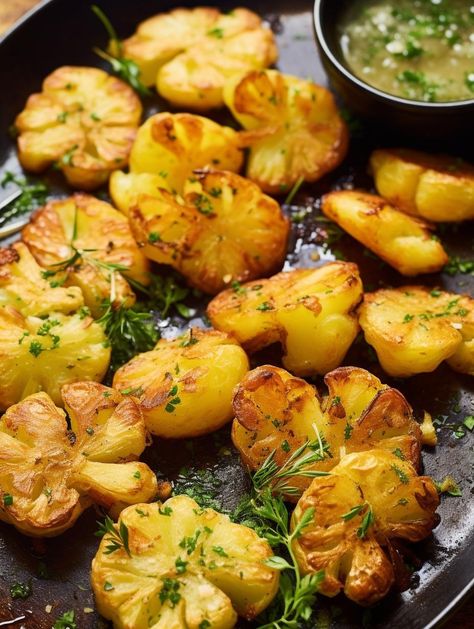 Savor the Mediterranean flavors in these Greek-Style Roasted Lemon Garlic Potatoes. Featuring the perfect balance of garlic, lemon, and herbs, plus a crunchy exterior coupled with a fluffy interior, these potatoes are the ultimate side for any of your favorite mains. Lemon Garlic Potatoes, Mediterranean Flavors, Cold Weather Comfort Food, Bday Dinner, Garlic Roasted Potatoes, Types Of Potatoes, Garlic Potatoes, Bread Salad, Cooking With Olive Oil