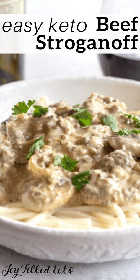 Ground Beef Stroganoff - Low Carb, Keto, Gluten-Free, Grain-Free, THM S - Win over any crowd with this delicious ground beef stroganoff. It's fancy enough for dinner with friends and will keep all the kids happy too! You can quickly whip up easy beef stroganoff on a busy weeknight also. #lowcarb #lowcarbrecipes #lowcarbdiet #keto #ketorecipes #ketodiet #thm #trimhealthymama #glutenfree #grainfree #glutenfreerecipes #recipes #beef #groundbeef #comfortfood #easy #dinner #maincourse Easy Beef Stroganoff, Beef Stroganoff Easy, Ground Beef Stroganoff, Low Carb Low Fat Recipes, Joy Filled Eats, Recipes Beef, Stroganoff Recipe, Ground Beef Recipes For Dinner, Low Carb Diet Recipes