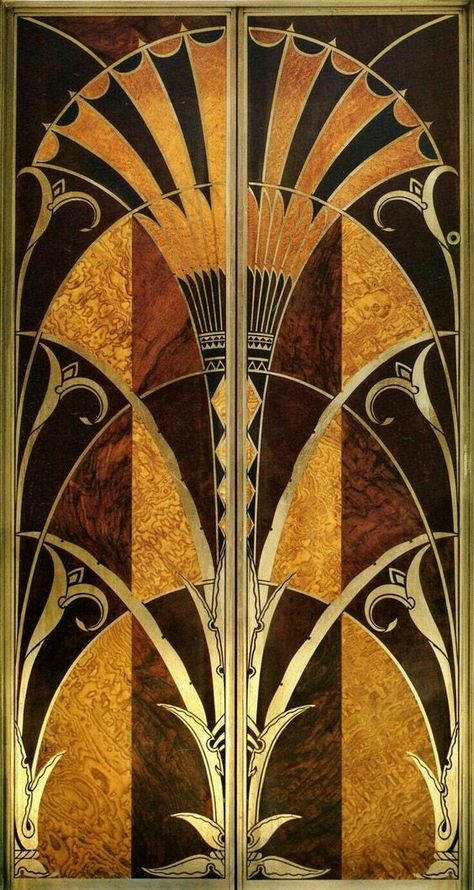 Egyptian reeds on the Chrysler building elevator doors.  Bronze Age Egyptians had a lot in common with the [Art Deco's] city dwellers of the 1920s. Namely, their obsession with monumental architecture, the sacredness of their material possessions and the flashy extravagance of their fashion. Arte Art Deco, Arsitektur Art Deco, زجاج ملون, Art Deco Door, Art Deco Inspiration, Motif Art Deco, Elevator Door, Corporate Identity Design, Chrysler Building