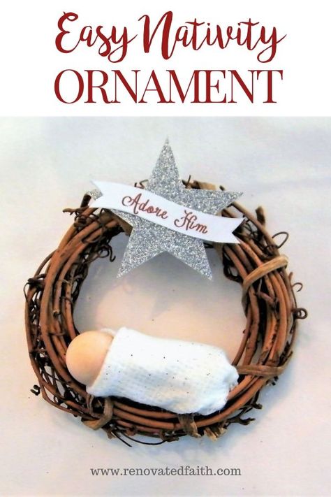 DIY Nativity Ornament Tutorial – This ornament is easy enough for kids to make and looks very sophisticated on a rustic glam Christmas tree. Use basic craft items like felt, wooden balls, and small grapevine wreaths for a low-budget holiday craft that is beautiful and homemade. Great for preschool and adults. Works for any décor including traditional or modern farmhouse.  #easycraft #christmascraft Rustic Glam Christmas Tree, Christian Christmas Crafts, Glam Christmas Tree, Jesus Crafts, Diy Nativity, Christmas Crafts For Toddlers, Christmas Crafts For Adults, Nativity Christmas, Nativity Ornaments