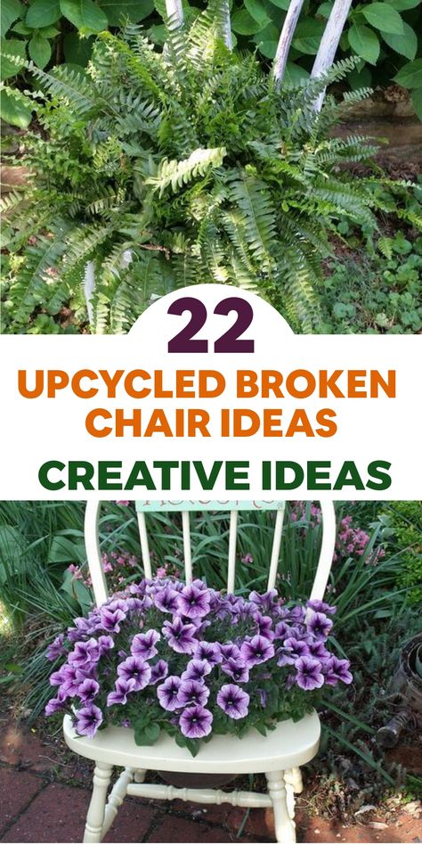 Transform your broken chair into a charming and functional addition to your backyard with these creative upcycling ideas! Instead of throwing it away, repurpose the chair into a beautiful flower planter by removing the backrest and seat. Paint the frame in a vibrant color and place a large planter pot on the seat area. Fill it with your favorite flowers or herbs for a colorful display.  Another option is to convert the chair into a unique bird feeder. Planter Chair Ideas, Wooden Chair Decor Ideas, Chair Garden Ideas, Diy Garden Seating, Farmhouse Yard, Creative Upcycling, Upcycle Chair, Ideas For Backyard, Chair Planter