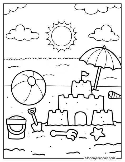 Beach Drawing Easy, Coloring Pages Beach, Sea Coloring Pages, Fall Coloring Sheets, Fruit Coloring, Bird Outline, Ocean Coloring Pages, Beach Coloring Pages, Alphabet Animals