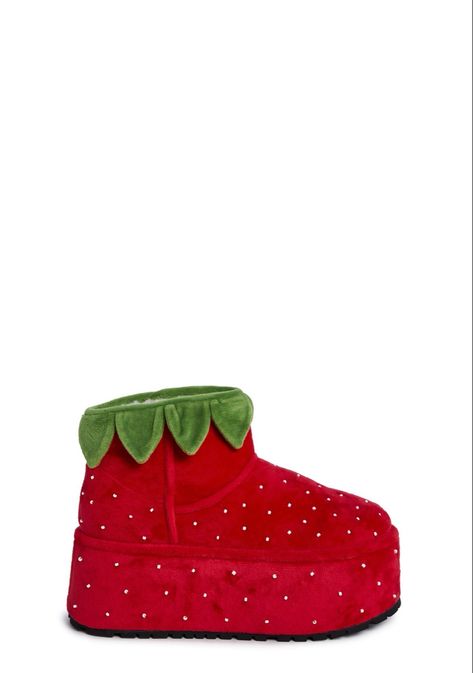 Dolls Kill Strawberry Shortcake, Strawberry Boots, Strawberry Shoes, Strawberry Fashion, Shop Dolls, Sherpa Boots, Slip On Slippers, Dr Shoes, Funky Shoes