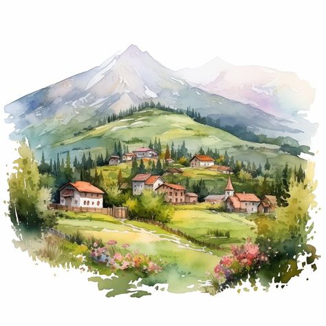 10 Mountain Village Cliparts Village In Mountains, Village Mountain, Village Scene Drawing, Watercolor Houses, Nature Clipart, Village Drawing, Mountain Sketch, Village Painting, Simple Oil Painting