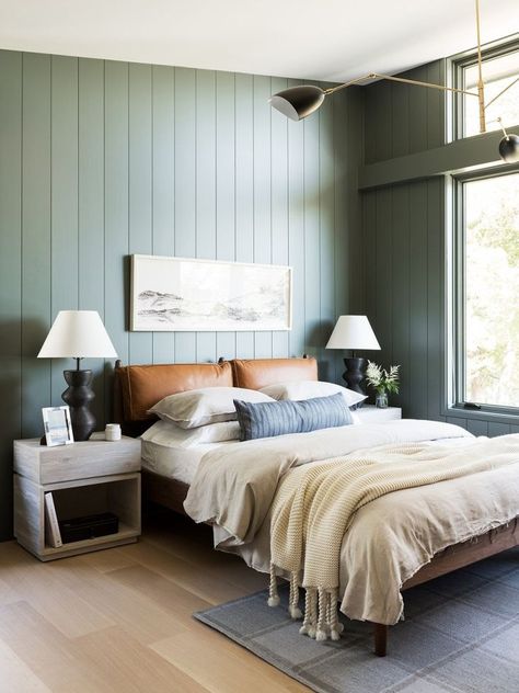 sage paint ideas // sage green shiplap Green Shiplap, Shiplap Home, Mcgee Bedroom, Sage Paint, Gray Interiors, Lake House Bedroom, Sage Green Bedroom, Interior Bedroom, Studio Mcgee