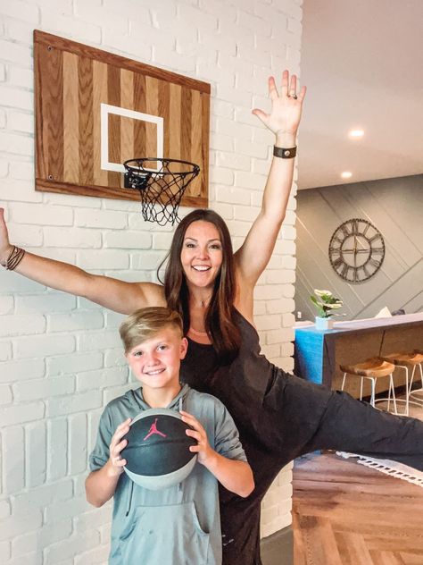 Basketball Hoop In Bedroom, Diy Basketball Hoop, Painted Shower Tile, Diy Basketball, Indoor Basketball Hoop, Toddler Basketball, Marble Tile Backsplash, Brick Face, French Country Modern