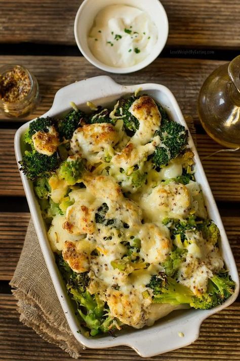 Healthy Cauliflower and Broccoli Casserole Cauliflower And Broccoli Casserole, Broccoli Cauliflower Bake, Comfort Food Recipes Casseroles, Broccoli Cauliflower Casserole, Cauliflower And Broccoli, Tofu Steak, Low Calorie Vegetables, Vegetable Casserole Recipes, Pasta Vegetariana