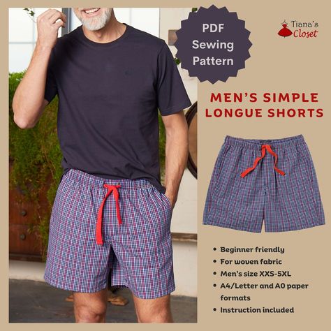 Men's Simple Lounge Shorts PDF Sewing Pattern Simple Lounge Shorts for Men Easy Sewing Pattern for Men Tiana's Closet Sewing Pattern - Etsy Hong Kong Sewing Project Gifts For Men, Mens Pajama Shorts Pattern Free, Sewing Patterns Masc, Men’s Sewing Projects, Men’s Shorts Pattern, Free Sewing Patterns Men, Men’s Clothes Sewing Patterns, Men’s Sewing Patterns, Mens Shorts Sewing Pattern