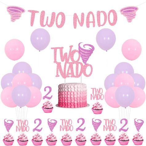 PRICES MAY VARY. You will receive: 1pc pink purple two nado banner, 1pc two nado cake topper, 12pcs tornado cupcake toppers, 20pcs latex balloons 12inches(10 pink, 10 purple), and 2m white ribbon. Twonado birthday party decorations: This tornado birthday party decoration main color is pink and purple which is loved by girls. Combined with cake topper, banner, they will become a big hit for your two nado 2nd birthday. Glitter tornado banner and cake topper: Our pink purple two nado banner and cak Two Much Fun Birthday Girl, Two Party Themes Girl, Two Nado Birthday Party Girl, Birthday Theme For 2nd Birthday Girl, Twonado Birthday Party Girl, Two Year Birthday Theme, 2 Yr Birthday Party Ideas Girl, Second Birthday Ideas Girl, Girls Second Birthday Theme