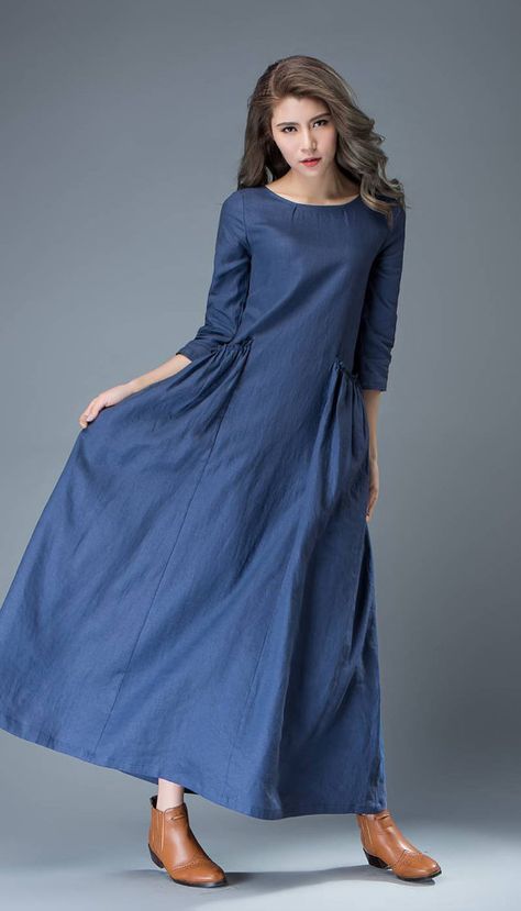 Maxi Blue Linen Dress Cobalt Long Lagenlook Spring by YL1dress Long Sleeve Maxi Dress Casual, Sukienki Maksi, Gaun Koktail, Lagenlook Dress, Lagenlook Clothing, Blue Linen Dress, Causal Dresses, Backless Prom Dresses, Linen Maxi Dress