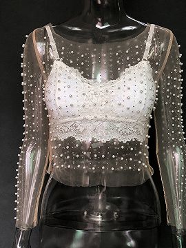 White Beaded Detail Long Sleeve Sheer Crop Blouse | Choies Pearl Shirt, Beaded Crop Top, Pearl Top, Pearl Embroidery, Mesh Long Sleeve Top, Mesh T Shirt, Top Streetwear, Summer Crop Tops, Closet Staples