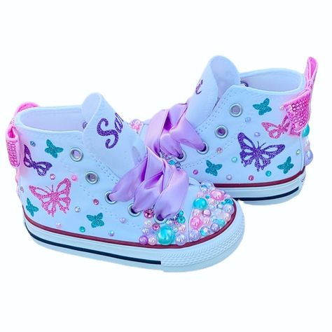 Just as shown but with your custom colors and your little ones name on the tongues. Converse White High Tops, Butterfly Converse, Converse White High, Queen Vampire, Bedazzled Shoes, Magic Clothes, Bubble Party, Custom Shoes Diy, Old Outfits