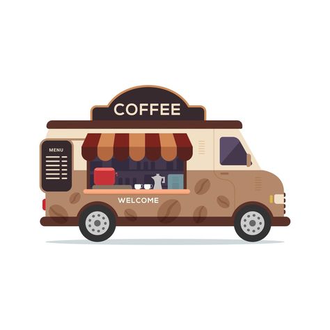 Coffee Shop Cartoon, Food Truck Drawing, Food Truck Illustration, Coffee Shop Illustration, Truck Logo Design, Shop On Wheels, Coffee Booth, Truck Illustration, Coffee Food Truck