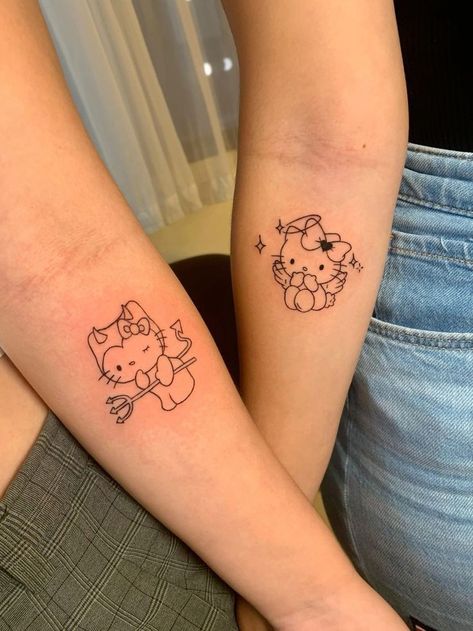 Hello Kitty Couple Tattoo, Hello Kitty Fine Line Tattoo, Hello Kitty Tattoo Matching, Matching Tattoos Hello Kitty, Matching Tattoos For Best Friends For 2, Matching Sanrio Tattoos, Tatuajes Hello Kitty, Tatuajes Hello Kitty Tattoos, Hello Kitty Matching Tattoos