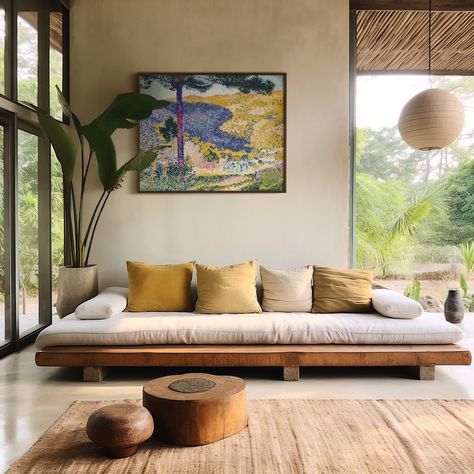 Bougie Interior Design, Living Room Inspiration Low Ceiling, Earthy Red Living Room, Organic Modern Decor With Color, Modern Interior With Color, Santorini Living Room Design, Desert Modern Entryway, California Bungalow Living Room, Art Deco Tropical Interior