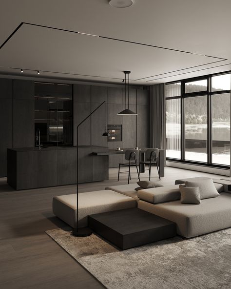 Modern Minimal Interior, Modern Living Space, 3d Scene, Living Room Styles, Mid Century Modern Living Room, Minimal Classic, Scandinavian Interior Design, Dark Interiors, Minimalism Interior