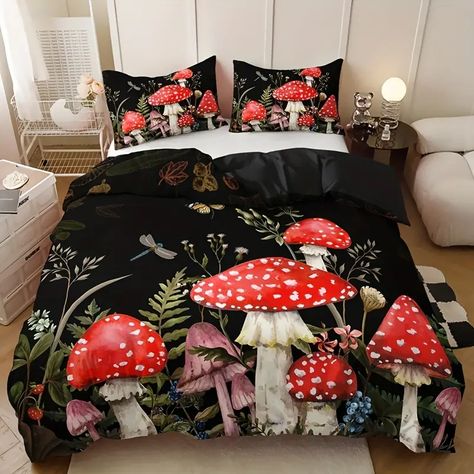 3pcs Duvet Cover Set, Red Mushroom Print Bedding Set, Soft Comfortable Duvet Cover, For Bedroom, Guest Room (1*Duvet Cover + 2*Pillowcase, Without Core), affiliate Bed Quilts, Colorful Duvet Covers, Mushroom Pattern, Red Mushroom, Pattern Quilt, Kids Bedding Sets, Pillowcase Pattern, King Bedding Sets, Bed Sets