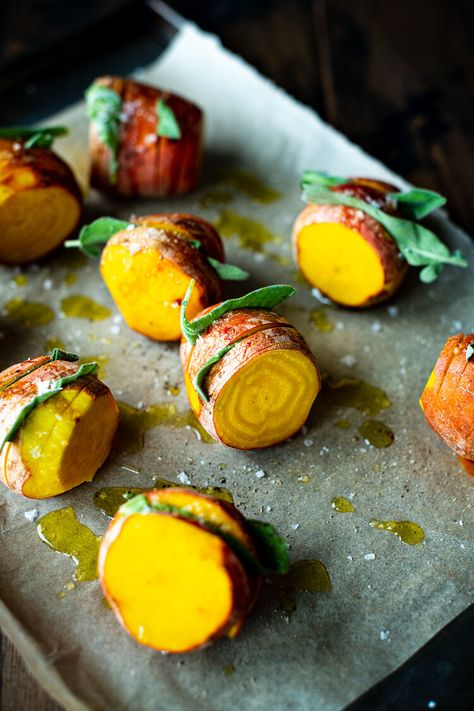 Golden beets on a tray, sliced with sage leaves in between Golden Beets Recipe, Yellow Beets, Honey Mustard Glaze, Golden Beets, Beet Recipes, Sage Leaves, Rice Wine Vinegar, Rice Wine, Wine Vinegar