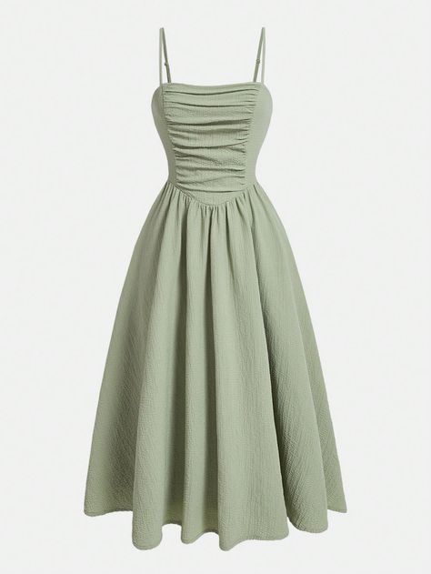 Women's Pleated Spaghetti Strap Dress Green Casual,Elegant  Sleeveless Woven Fabric Plain Cami Non-Stretch  Women Clothing, size features are:Bust: ,Length: ,Sleeve Length: Sage Green Grade 8 Grad Dress, Plain Dress Ideas, School Formal Dresses Australia, Sage Green Dress Casual, Green Outfit Women, Elegant Simple Dress, Medium Length Dress, Dresses Church