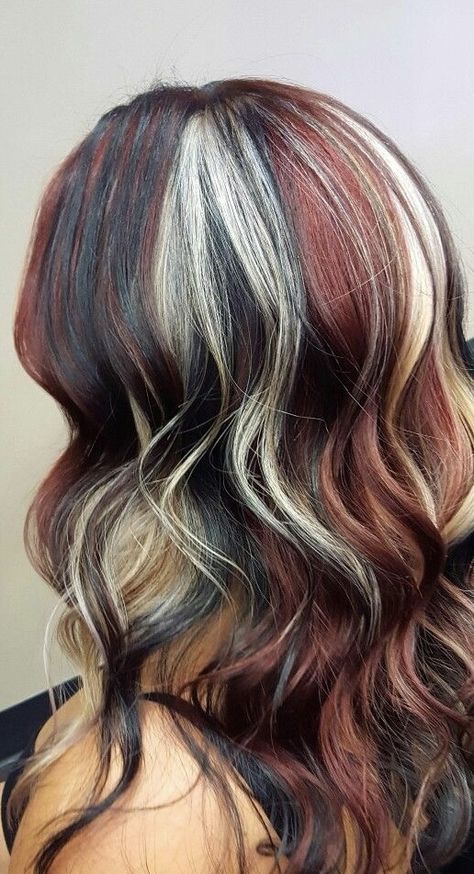 Multicolor Highlights For Dark Hair, Three Colored Hair, Three Toned Hair, Calico Streaks, Three Color Hair, Subtle Calico Hair, Cool Tone Highlights, Hairstyles Dyed Hair, Calico Hair Color