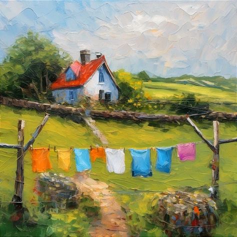 ArtElenaBerezina - Etsy Cottage Oil Painting, Paintings Of Houses, Laundry Painting, Ireland Painting, Gift Painting, Cottage Painting, Paint Texture, Oil Painting Texture, Red Roof