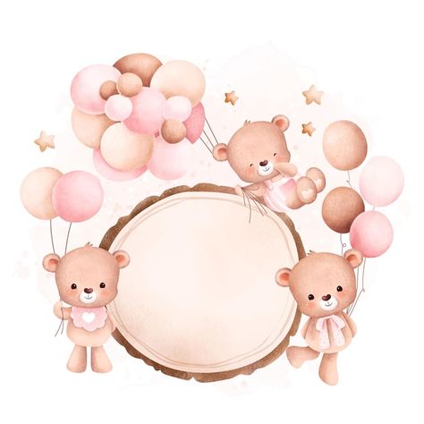 Watercolor illustration cute baby bear w... | Premium Vector #Freepik #vector #frame #watercolor #birthday #invitation Invitacion Baby Shower Originales, Vom Avea Un Copil, Bear With Balloons, طفلة حديثة الولادة, Idee Babyshower, Baby Shower Labels, Baby Teddy Bear, Baby Art Projects, Baby Teddy