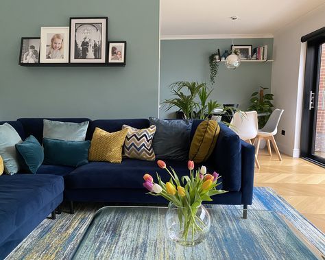 Dix Blue Living Room, Blue Sofa Blue Walls, Living Room Designs Blue Sofa, Blue Mustard Living Room, Navy Yellow Living Room, Navy Blue Chairs Living Room, Blue Sofa Living Room Ideas Decor, Light Blue Living Room Color Scheme, Blue Lounge Ideas