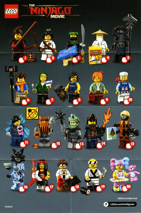 As you may have seen on social media we've received a box of The LEGO Ninjago Movie minfigures and our review is being prepared as I type. In the meantime I thought it would be useful to post a scan of the collector's sheet. Lego Film, Ninjago Movie, Lego Custom Minifigures, Lego People, Lego Minifigs, Lego Ninjago Movie, Lego Figures, Lego Instructions, Lego Design