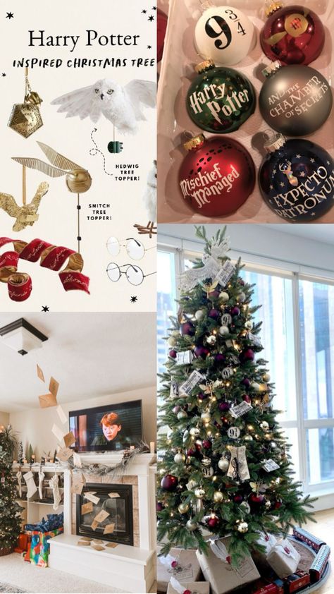 Harry potter theme christmas Harry Potter Decorations Christmas, Harry Potter Xmas Tree, Diy Harry Potter Christmas Decorations, Noel Harry Potter, Harry Potter Christmas Theme, Christmas Harry Potter Decoration, Harry Potter Christmas Aesthetic, Harry Potter Xmas, Harry Potter Theme Christmas