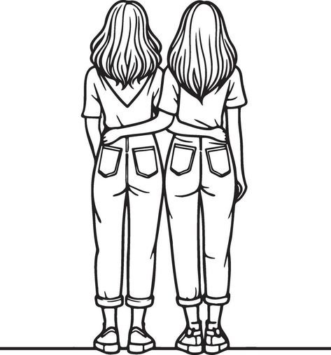 Best Friend Clipart, 2 Girls Drawing, Friends Sketch Drawing, Girls Drawing, Friends Sketch, Bible Stuff, Coloring Ideas, Drawings Of Friends, Girl Friends