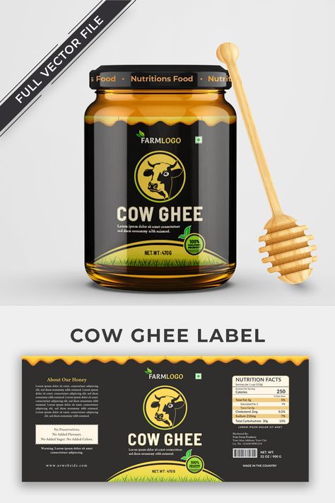 Cow butter ghee label sticker packaging for high quality premium print design,
this label can use as dairy product farm, cream, natural, organic jam label,
vector file easy to edit free font. Dairy Farm Design, Nutrition Background, Container Illustration, Label Sticker Design, Nature Objects, Bee Farming, Background Fruit, Jam Jar Labels, Fruit Container