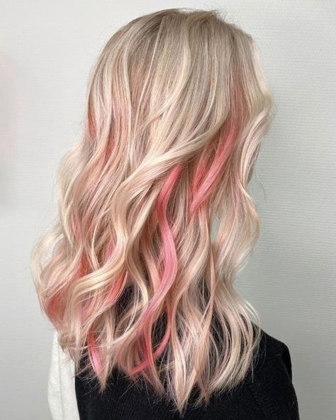 Colored Lowlights In Blonde Hair, Peekaboo Pink In Blonde Hair, Rose Gold Peekaboo Highlights Blonde, Peekaboo Hair Color With Blonde, Blonde With Pink Peekaboo Highlights, Blonde Hair With Peak A Boo Pink, Highlights With Color In Between, Peekaboo Hair Color Pink Blonde, Blonde Balayage With Red Peekaboo