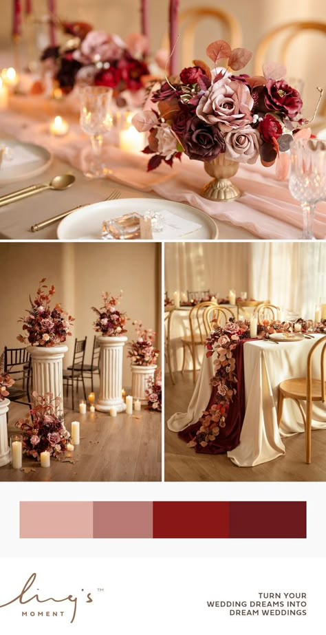 Maroon And Rose Gold Wedding Decorations, Burgundy And Blush Flower Arrangements, Red And Mauve Wedding, Burgundy And Blush Quinceanera Theme, Burgundy Lilac Wedding, Burgundy And Light Pink Wedding, Burgundy And Dusty Rose Wedding Tables, Inexpensive Floral Centerpieces, Burgundy And Pink Wedding Decorations