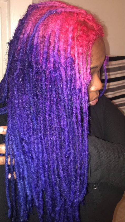 Colors To Dye Your Locs Black Women, Pink And Purple Locs Black Women, Purple And Green Locs, Pink Roots Purple Hair, Pink And Blue Locs, Light Purple Locs, Dyed Locs Dark Skin, Pink And Purple Locs, Colors Locs