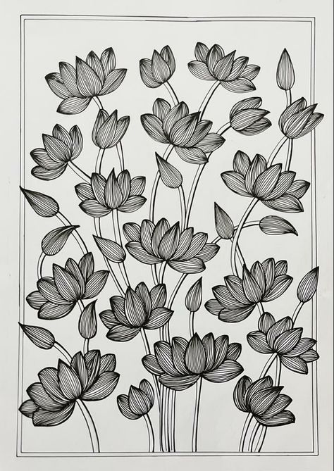 Lotus Doodle Art, Doodle Art Flowers Zentangle Patterns, Black Pen Art Doodles, Pretty Patterns To Draw, Pen Art Work Illustrations, Black Sketch Pen Art, Black Pen Drawing Sketches, Flower Mandala Sketch, Flower Doodle Art Design