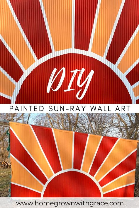 Need a little sunshine in your life? Find a wall and get to painting, my friend! Check out how I transformed one end of our lean-to from sad to sunshine-y! This is an easy DIY that can be done inside or outside your home. How To Paint A Sun, Diy Tapestry, Easy Diy Paint, Wood Plank Walls, Sun Painting, Lean To, Tape Painting, Acrylic Painting Tutorials, Painted Sticks