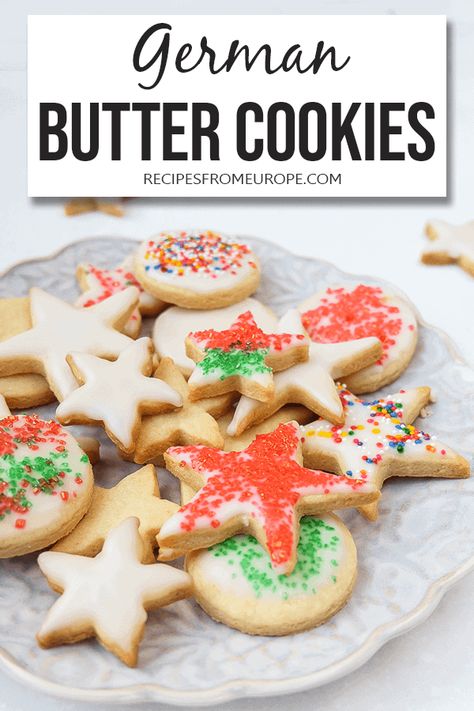 Looking to make delicious German Butter Cookies? Our recipe creates the perfect holiday cookie - sweet, crumbly, and ready to decorate! #germanrecipes #holidayrecipes #cookierecipes German Sugar Cookies Recipe, Cookrate Recipes, German Butter Cookies Recipe, Butter Cookie Recipe Christmas, German Treats, Christmas Supper, European Desserts, Butter Cookies Christmas, Homestead Cooking