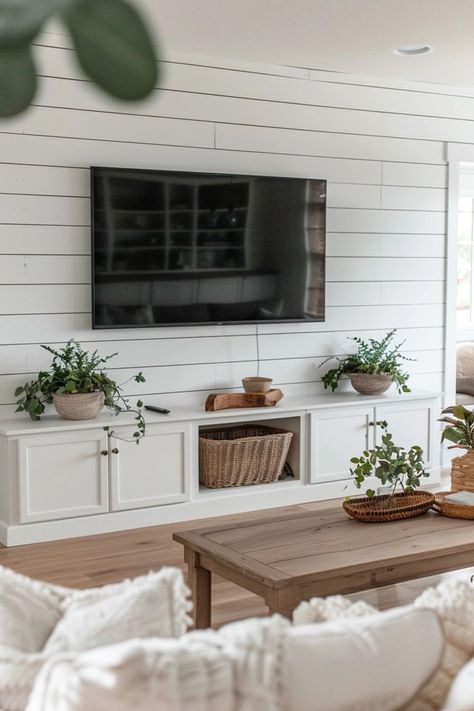 Chic Shiplap TV Wall Ideas for Your Living Space Modern Farmhouse Tv Wall, Farmhouse Living Room Tv Wall, Farmhouse Tv Wall, Shiplap Living Room, Shiplap Wall Ideas, Farmhouse Shiplap, Farmhouse Living Room Ideas, Shiplap Walls, Shiplap Accent Wall