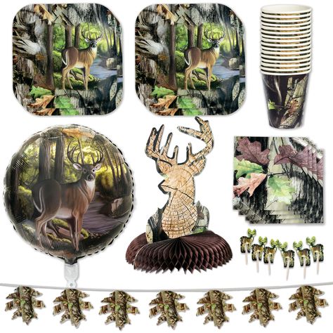 PRICES MAY VARY. AUTHENTIC HUNTING CAMO PARTY with licensed CAMO PATTERN – Next G1 Camo is a recognized leader in Outdoor Camo products-- this pattern is the “Real Deal”, and perfect for kid or adult birthdays, retirement, reunions, Father's Day, picnics, camping and more! 16 BIG PLATES - includes 16, Large 9 inch Square Plates for the main course at your party. Sturdy Construction will hold up under all your delicious food. Authentic Camo Border with a beautiful buck/deer in the forest featured The Big One Deer Birthday Party, Camo Party Ideas, Hunting Themed Birthday Party, Hunting Camo Party, Deer Hunting Party, Deer Birthday Party, Leaf Banner, Hunting Birthday Party, Camo Birthday Party